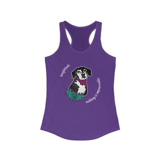 Signature Tattoo Roses Women's Ideal Racerback Tank in Purple Rush. Shown is front of shirt with the Signature Tattoo Roses design featuring a dog with flowers around it and the phrase "Beagletude" and "Nothing is Impawssible". Back of shirt features the Benefit Beagle Logo.