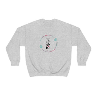 Dog Hair is my Glitter Unisex Crewneck in Ash. The Dog Hair is my Glitter design features a dog with the phrase "Dog Hair is my Glitter" above it and it is surrounded by a circle with paw prints.