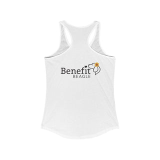 You are my Sunshine Women's Racerback Tank in White. Shown is back of shirt featuring the Sunflower Benefit Beagle Logo. The front showcases a sunflower which is split down the middle and half is made out of paw prints. Underneath is the phrase "You are my Sunshine".