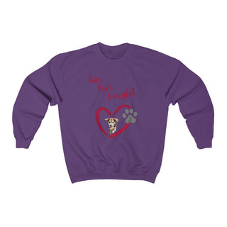 Live, Love, Beagle Crewneck Sweatshirt in Purple. The Live, Love, Beagle design features a dog running through a heart with the phrase "Live, Love, Beagle!" above it.