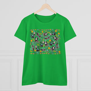 Dia De Los Muertos Women's Midweight Cotton Tee Shirt in Irish Green. Shown is the front of shirt featuring print of dogs and cats with Dia de los Muertos traditional decorations. On the back is a similar Benefit Beagle Logo.