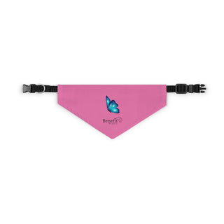 Lincoln Butterfly Dog Collar Bandana in Pink. The Lincoln Butterfly design features the Benefit Beagle logo with a blue butterfly above it. Comes with adjustable black collar.