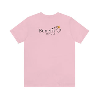 You are my Sunshine Unisex Jersey Short Sleeve Tee in Pink. Shown is back of shirt featuring the Sunflower Benefit Beagle Logo. The front showcases a sunflower which is split down the middle and half is made out of paw prints. Underneath is the phrase "You are my Sunshine".