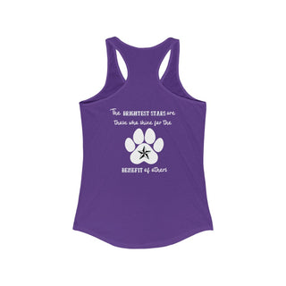 Brightest Star Women's Ideal Racerback Tank in Purple. The Brightest Star design features a design on the back with the phrase "The brightest stars are those who shine for the benefit of others" with a pawprint and a nautical star.