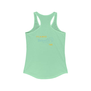 Beagle-Thirty Bottles Women's Racerback Tank in Mint. Shown is back of shirt featuring "Beagle-Thirty" Benefit Beagle Logo. The front Showcases Two Paw Labeled Bottles clinking with, "It's Beagle-Thirty" written next to it.