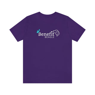 Lincoln Butterfly Unisex Jersey Short Sleeve Tee in Team Purple. Shown is the front of shirt with Benefit Beagle Logo kissed by butterfly. The back of shirt showcases profile of a dog with a blue butterfly on its nose and the phrase "Kindness is Strength" next to it.