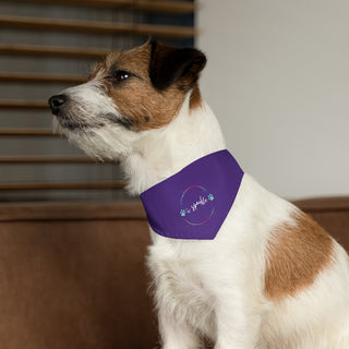 Dog wearing the Dog Hair is my Glitter Dog Collar Bandana in Purple. The Dog Hair is my Glitter design features the phrase "I sparkle" inside a circle with paw prints. Comes with black adjustable collar. 