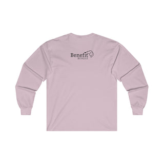 Easily Distracted Ultra Cotton Long Sleeve Tee in Light Pink. Shown is back design with the classic Benefit Beagle Logo. The front design features a dog waving with the saying "Easily Distracted by Dogs" below it.