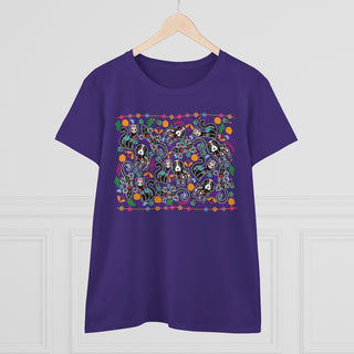 Dia De Los Muertos Women's Midweight Cotton Tee Shirt in Purple. Shown is the front of shirt featuring print of dogs and cats with Dia de los Muertos traditional decorations. On the back is a similar Benefit Beagle Logo.