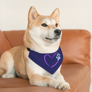 Dog wearing the Live, Love, Beagle Dog Collar Bandana in Navy. The Live, Love, Beagle design features a heart with a paw print. Comes with black adjustable collar.