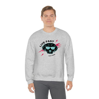 Play Hard Unisex Heavy Blend Crewneck Sweatshirt in Ash. The design features a cool dog with sunglasses and lightening bolts around it. The phrase "Live Fast, Play Hard" is around the design.