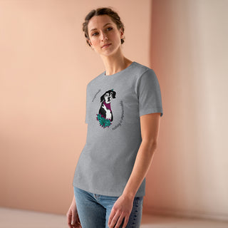 Signature Tattoo Roses Women's Premium Tee in Athletic Heather. Shown is front of shirt with the Signature Tattoo Roses design featuring a dog with roses around it and the phrase "Beagletude" and "Nothing is Impawssible". Back of shirt features the Benefit Beagle Logo.