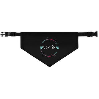 Dog Hair is my Glitter Dog Collar Bandana in Black. The Dog Hair is my Glitter design features the phrase "I sparkle" inside a circle with paw prints. Comes with black adjustable collar.