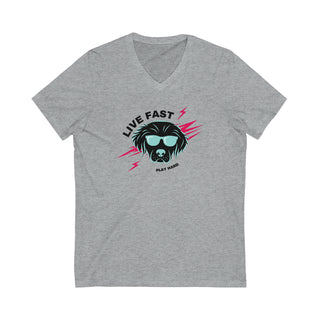 Play Hard Unisex Jersey Short Sleeve V-Neck Tee Shirt in Athletic Heather. The design features a cool dog with sunglasses and lightening bolts around it. The phrase "Live Fast, Play Hard" is around the design.