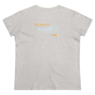 Beagle-Thirty Mugs Women's Midweight Cotton Tee in Ash. Shown is back of shirt featuring "Beagle-Thirty" Benefit Beagle Logo. The front Showcases Two Dog Adorned Mugs clinking with, "It's Beagle-Thirty" written above it.