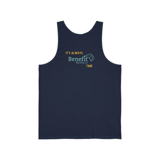 Beagle-Thirty Bottles Unisex Jersey Tank in Navy. The front of shirt showcases Two Paw Labeled Bottles clinking with the saying, "It's Beagle-Thirty". Back of shirt features corresponding Benefit Beagle Logo.