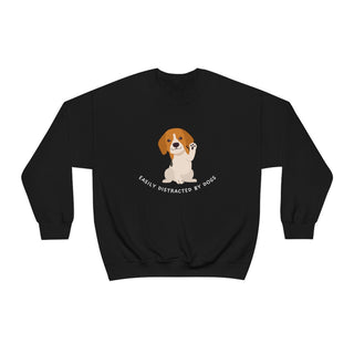 Easily Distracted Unisex Heavy Blend Crewneck Sweatshirt in Black. Shown is front design featuring a dog waving with the saying "Easily Distracted by Dogs" below it. The back of shirt has the classic Benefit Beagle Logo.