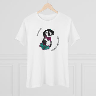 Signature Tattoo Roses Women's Premium Tee in White. Shown is front of shirt with the Signature Tattoo Roses design featuring a dog with roses around it and the phrase "Beagletude" and "Nothing is Impawssible". Back of shirt features the Benefit Beagle Logo.