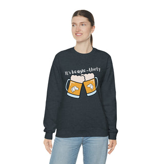 Beagle-Thirty Mugs Unisex Heavy Blend Crewneck Sweatshirt in Dark Heather. The front of shirt showcases Two Dog Adorned Mugs clinking with the saying, "It's Beagle-Thirty" above it. Back of shirt features corresponding Benefit Beagle Logo.