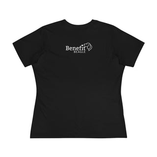 Easily Distracted Women's Premium Tee in Black. Shown is back design with the classic Benefit Beagle Logo. The front design features a dog waving with the saying "Easily Distracted by Dogs" below it.