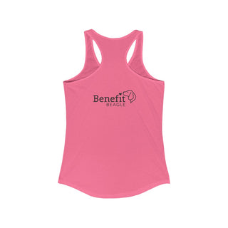 Signature Tattoo Roses Women's Ideal Racerback Tank in Hot Pink. Shown is back of shirt with the Benefit Beagle Logo. Front of shirt has the Signature Tattoo Roses design featuring a dog with roses around it and the phrase "Beagletude" and "Nothing is Impawssible"