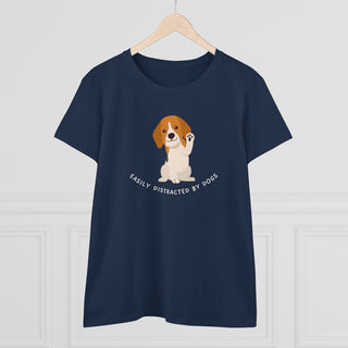 Easily Distracted Women's Midweight Cotton Tee in Team Navy. Shown is front design featuring a dog waving with the saying "Easily Distracted by Dogs" below it. The back of shirt has the classic Benefit Beagle Logo.