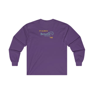 Beagle-Thirty Bottles Unisex Ultra Cotton Long Sleeve Tee in Purple. Shown is back of shirt featuring "Beagle-Thirty" Benefit Beagle Logo. The front Showcases Two Paw Labeled Bottles clinking with, "It's Beagle-Thirty" written next to it.