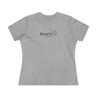 Bee Pawsitive Women's Premium Tee shirt in Athletic Heather. The front of shirt features the Bee Pawsitive Benefit Beagle Logo. The back of shirt showcases a dog dressed as a bee in a field of sunflowers with "Bee Pawsitive" written above.