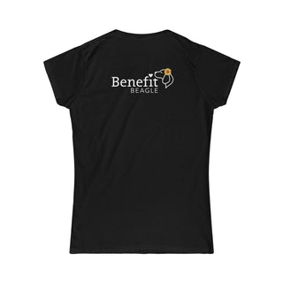 You are my Sunshine Women's Softstyle Tee in Black. Shown is back of shirt featuring the Sunflower Benefit Beagle Logo. The front showcases a sunflower which is split down the middle and half is made out of paw prints. Underneath is the phrase "You are my Sunshine".