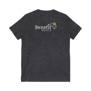 You are my Sunshine Unisex V-Neck Tee in Dark Grey Heather. Shown is back of shirt featuring the Sunflower Benefit Beagle Logo. The front showcases a sunflower which is split down the middle and half is made out of paw prints. Underneath is the phrase "You are my Sunshine".