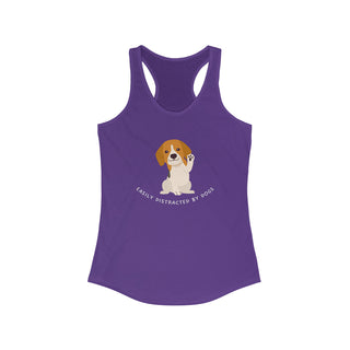 Easily Distracted Women's Racerback Tank in Purple Rush. Shown is front design featuring a dog waving with the saying "Easily Distracted by Dogs" below it. The back of shirt has the classic Benefit Beagle Logo.