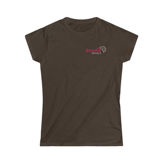 Different Pawspective Women's Softstyle Tee in Dark Chocolate. Shown is front of shirt with Benefit Beagle logo in the top corner . On the back is large colorful pawprint with the the phrase "Life is all about finding the beauty in a different pawspective" circled around it.