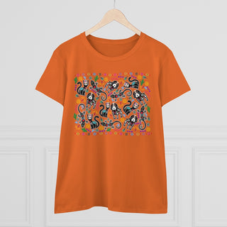 Dia De Los Muertos Women's Midweight Cotton Tee Shirt in Orange. Shown is the front of shirt featuring print of dogs and cats with Dia de los Muertos traditional decorations. On the back is a similar Benefit Beagle Logo.