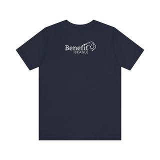 Easily Distracted Unisex Jersey Short Sleeve Tee in Navy. Shown is back design with the classic Benefit Beagle Logo. The front design features a dog waving with the saying "Easily Distracted by Dogs" below it.