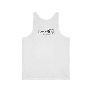 You are my Sunshine Unisex Jersey Tank in White. Shown is back of shirt featuring the Sunflower Benefit Beagle Logo. The front showcases a sunflower which is split down the middle and half is made out of paw prints. Underneath is the phrase "You are my Sunshine".