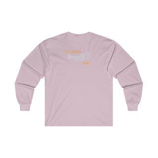 Beagle-Thirty Mugs Unisex Ultra Cotton Long Sleeve Tee in Light Pink. Shown is back of shirt featuring "Beagle-Thirty" Benefit Beagle Logo. The front Showcases Two Dog Adorned Mugs clinking with, "It's Beagle- Thirty" written above it.