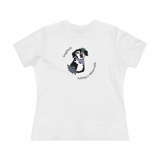 Signature Tattoo Flowers Women's Premium Tee in White. Shown is front of shirt with the Signature Tattoo Flowers design featuring a dog with flowers around it and the phrase "Beagletude" and "Nothing is Impawssible". Back of shirt features the Benefit Beagle Logo.