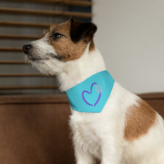 Dog wearing the Live, Love, Beagle Dog Collar Bandana in Blue. The Live, Love, Beagle design features a heart with a paw print. Comes with black adjustable collar.