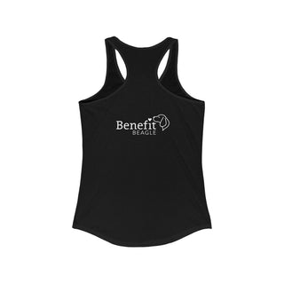 Signature Tattoo Roses Women's Ideal Racerback Tank in Black. Shown is back of shirt with the Benefit Beagle Logo. Front of shirt has the Signature Tattoo Roses design featuring a dog with roses around it and the phrase "Beagletude" and "Nothing is Impawssible"