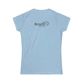 Signature Tattoo Flowers Women's Softstyle Tee in Light Blue. Shown is back of shirt with the Benefit Beagle Logo. Front of shirt has the Signature Tattoo Flowers design featuring a dog with flowers around it and the phrase "Beagletude" and "Nothing is Impawssible".