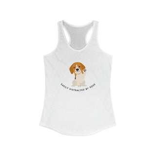 Easily Distracted Women's Racerback Tank in White. Shown is front design featuring a dog waving with the saying "Easily Distracted by Dogs" below it. The back of shirt has the classic Benefit Beagle Logo.