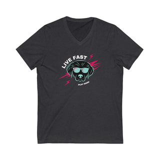 Play Hard Unisex Jersey Short Sleeve V-Neck Tee Shirt in Dark Grey Heather. The design features a cool dog with sunglasses and lightening bolts around it. The phrase "Live Fast, Play Hard" is around the design.