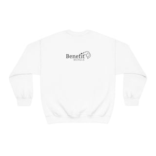 Easily Distracted Unisex Heavy Blend Crewneck Sweatshirt in White. Shown is back design with the classic Benefit Beagle Logo. The front design features a dog waving with the saying "Easily Distracted by Dogs" below it.