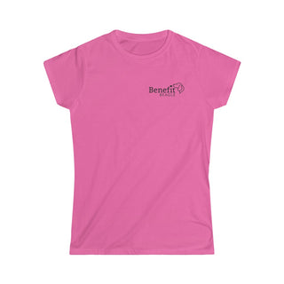 Live in the Moment Women's Softstyle Tee in Azalea. The Live in the Moment design features the Benefit Beagle logo in the top corner of the garment.