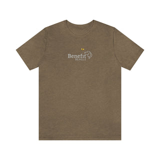 Bee Pawsitive Unisex Jersey Short Sleeve Tee in Heather Olive. The front of shirt features the Bee Pawsitive Benefit Beagle Logo. The back of shirt showcases a dog dressed as a bee in a field of sunflowers with "Bee Pawsitive" written above.