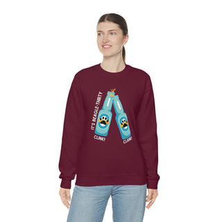 Beagle-Thirty Bottles Unisex Heavy Blend Crewneck Sweatshirt in Maroon. The front of shirt showcases Two Paw Labeled Bottles clinking with the saying, "It's Beagle-Thirty". Back of shirt features corresponding Benefit Beagle Logo.