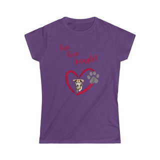 Live, Love, Beagle Women's Softstyle Tee in Purple. The Live, Love, Beagle design features a dog running through a heart with the phrase "Live, Love, Beagle!" above it.