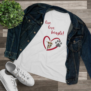 Live, Love, Beagle Women's Premium Tee in White. The Live, Love, Beagle design features a dog running through a heart with the phrase "Live, Love, Beagle!" above it.