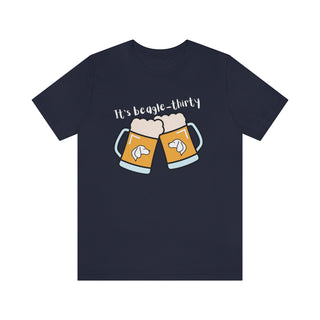 Beagle-Thirty Mugs Unisex Jersey Short Sleeve Tee in Navy. The front of shirt showcases Two Dog Adorned Mugs clinking with the saying, "It's Beagle-Thirty" above it. Back of shirt features corresponding Benefit Beagle Logo.