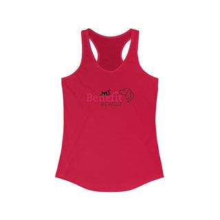 Meow Women's Racerback Tank in Red. Shown is front of shirt with the Benefit Beagle Logo featuring a peeping cat. The back showcases a wide eyed black cartoon cat with the phrase "Chatty Cat" above it.